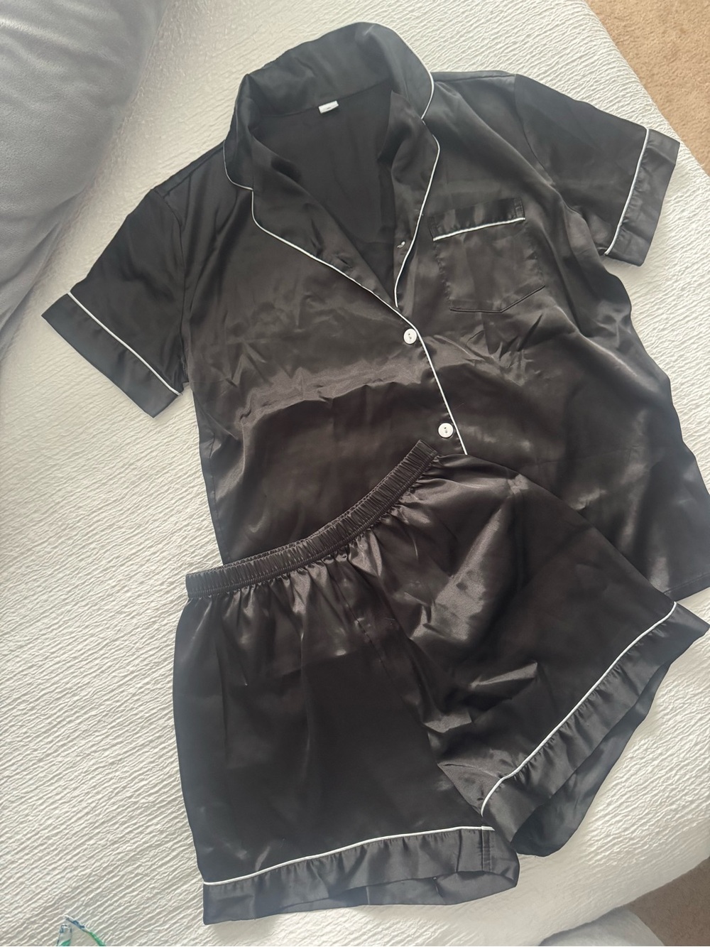 Silky Black Short Sleeve Pajama Set with Contrast Piping